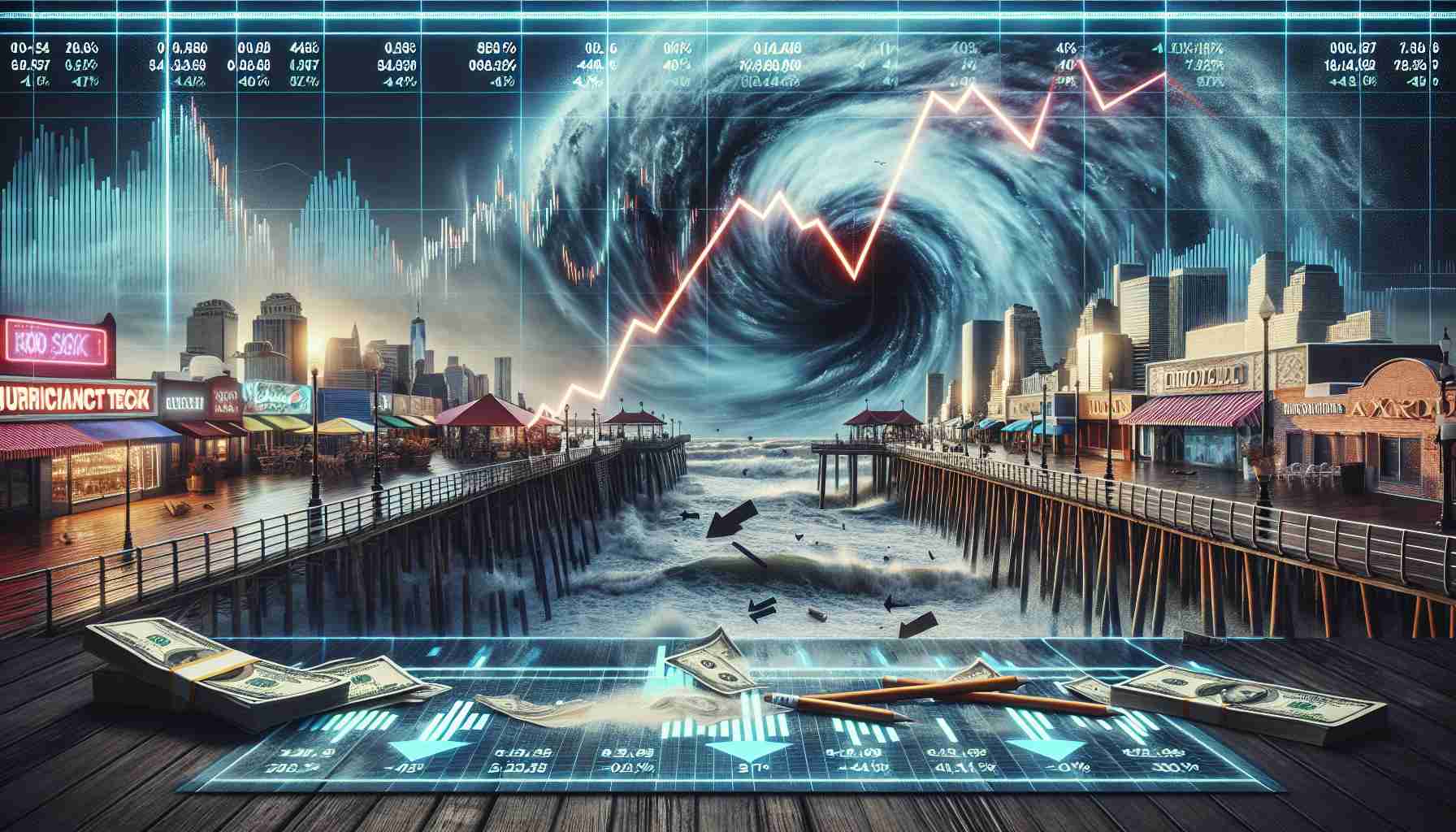 A visually impactful and hyper-realistic HD image that symbolizes a dramatic market shift. This image captures the concept of financial analysts reassessing their predictions for a hypothetical real estate investment trust. The scene is a distressed stock market chart on a digital screen with a hurricane-world image representing the turmoil. Sharp, downwards arrows, and significant percentages drop, are seen. Alongside, the backdrop displays image emphasizing a boardwalk showcasing properties under the REIT.