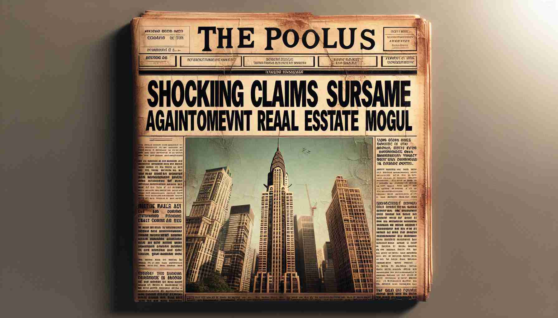 Generate a high definition realistic image of a newspaper headline and article that reads 'Shocking Claims Surface Against Prominent Real Estate Mogul'. The newspaper should be visibly aged, with a date stamp from a few decades ago. Include visibly bold black letters for the headline with smaller text for the article, a relevant photo of a towering cityscape, and indications of sidespot articles about the city's ongoings.