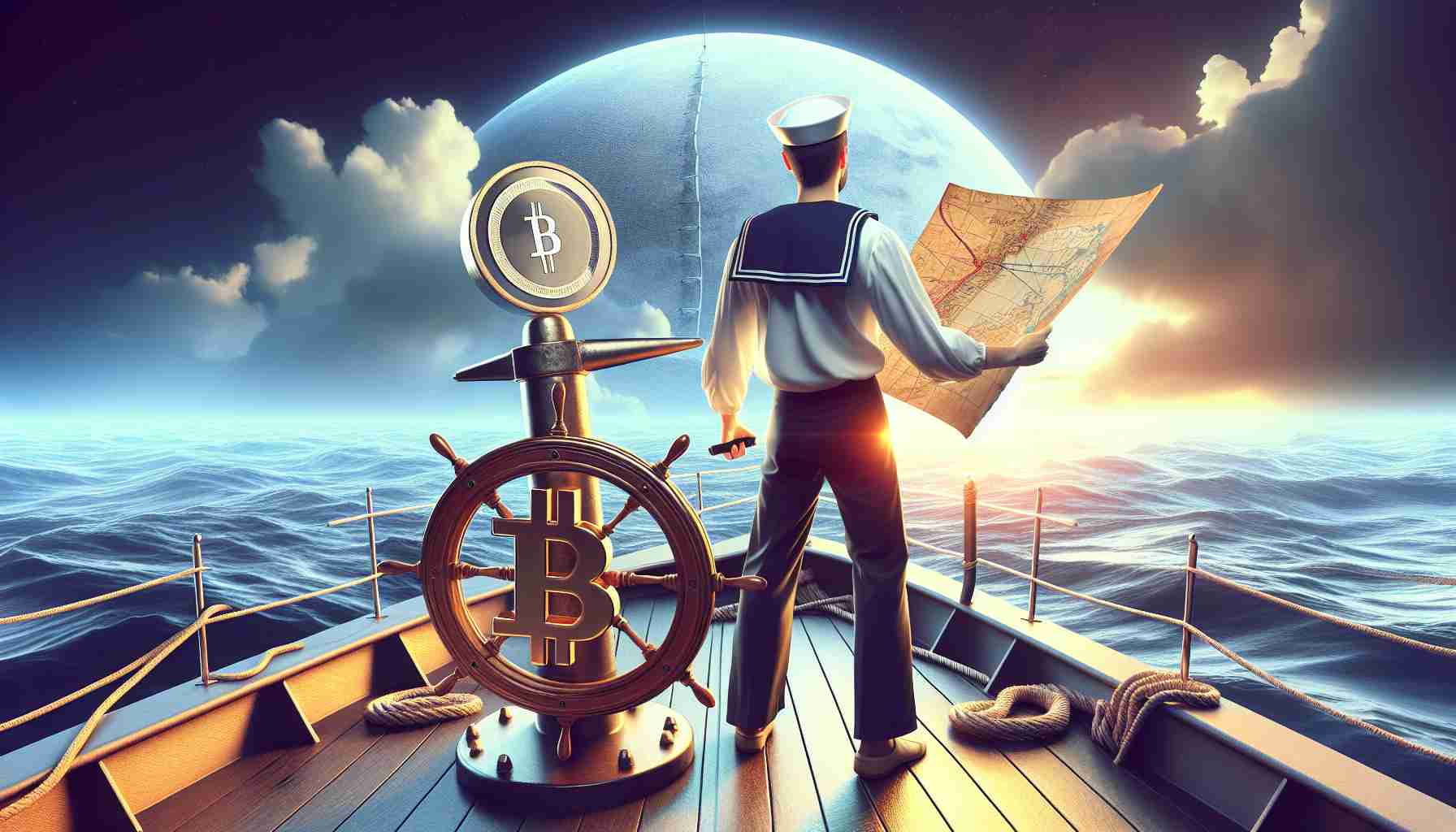 A realistic, high definition image of a sailor character who is a symbol of cryptocurrency. This character is standing on the deck of a ship, steering it towards the horizon. They wear traditional sailor attire and have in their possession a compass and a map, which metaphorically represents the future. The vast ocean symbolises the financial market, where the anchor of the ship represents the stability offered by cryptocurrencies. The image is dramatized by the lighting effects of a setting sun against a cloudy sky, signifying the uncertainty and potential rewards of cryptocurrency investments.