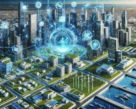 Highly detailed image depicting the concept of technology revolutionising the real estate sector. Showcase AI in the form of digital algorithms, automated systems, or futuristic buildings, coexisting with sustainability elements such as green rooftops, solar panels, wind turbines, and energy-efficient designs. Indicate a scenario where these elements are shaping the future, perhaps through a futuristic cityscape or an enhanced blueprint of a property.