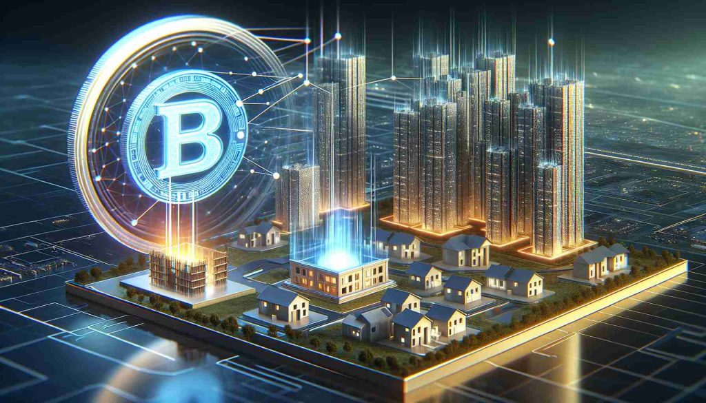 A high definition, realistic image depicting a futuristic concept of property investment. There's a glowing token, symbolizing a blockchain or crypto token, labeled REM. The token is hovering over a property, like a modern city skyline or new, cutting-edge apartments. In the background, there's a sense of movement and progress indicating revolutionizing changes in the world of property investment. The scene is imbued with a futuristic color palette, showcasing the technology-driven future of property investment.