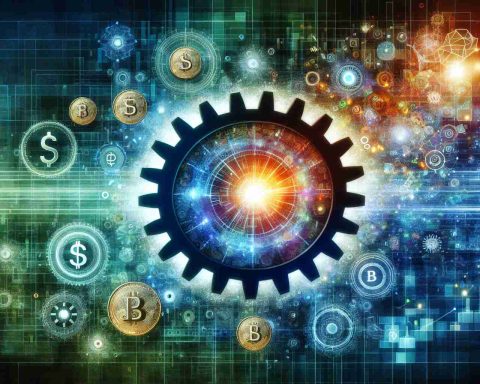 A vivid, high-definition image showing a concept that symbolizes the revolutionizing of finance, and unveiling new opportunities. The central focus could be a large, intricately designed gear mechanism, symbolizing the finance industry, being gradually filled with light, representing the dawn of new prospects. Around this central symbol, depict various financial instruments such as currency, stocks, and bonds in an aesthetically pleasing way. Show digital elements representing modern finance, like blockchain symbols or digital currency icons interspersed. The colors overall could be a mix of corporate blues and vibrant greens to reflect optimism and innovation.