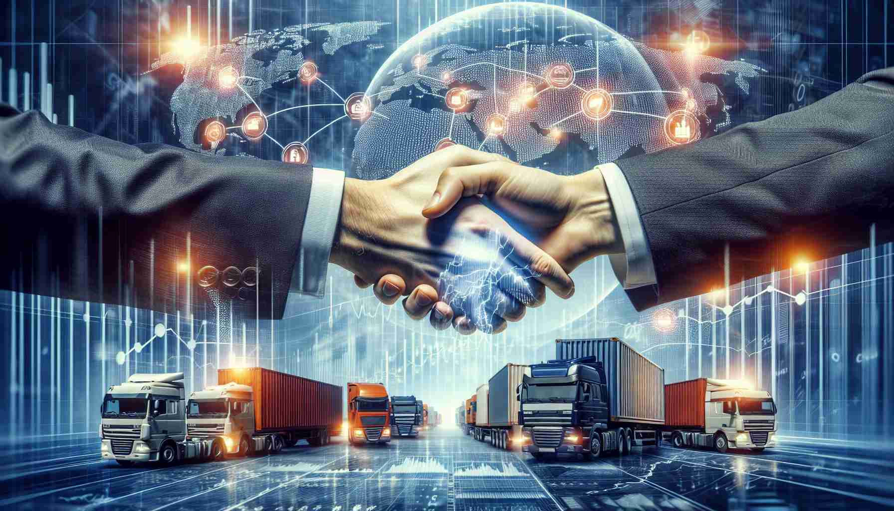 Generate a realistic, high-definition image portraying the concept of a major shift in the European logistics market. The image should illustrate a joint venture announcement with very prominent and alerting visuals, such as shaking hands to symbolize agreement, trucks or cargo ships filled with goods, and maps or graphs illustrating the European market.