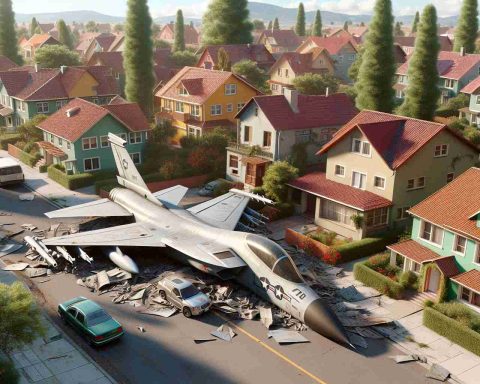 High-definition, realistic depiction of an unexpected scene where a part of a military jet has landed in a residential region. The scene should incorporate houses with roofs of varying colors, tree-lined streets, and cars parked curbside. The primary focus should be on the jet part, possibly a wing or a piece of the fuselage, lying amidst the houses, without any sign of fire or destruction. The sky is clear with a few clouds scattered. Please render the details to the best possible extent to give the impression of an HD image.